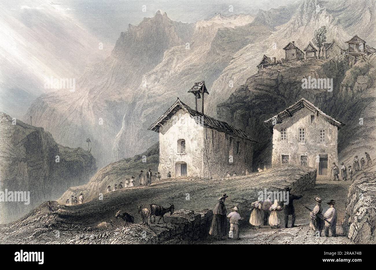 The church and school of Felix Neff, k.a. the Pastor of the High Alps, a Swiss ex-soldier who became a priest and philanthropist in this underprivileged district.     Date: circa 1836 Stock Photo