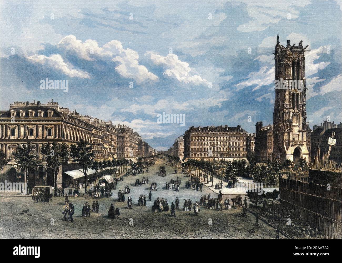 One of the broad boulevards thrusting through the old streets thanks to the plans of baron Haussmann.     Date: circa 1850 Stock Photo