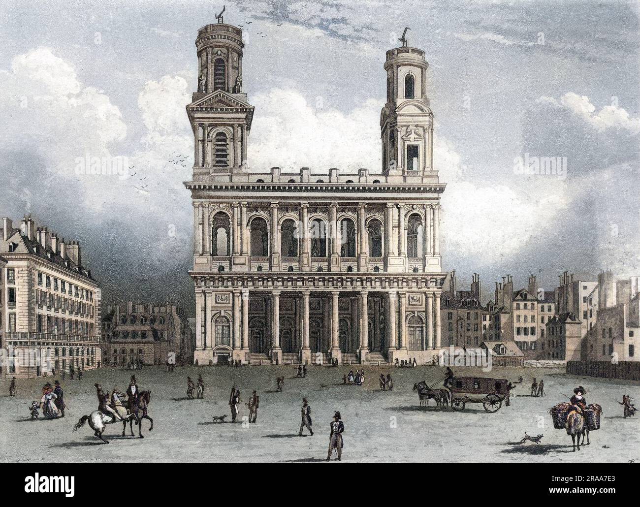 The church of Saint Sulpice - the second largest in Paris - is where Victor Hugo was married, and where Baudelaire and the marquis de Sade were baptised.     Date: circa 1830 Stock Photo