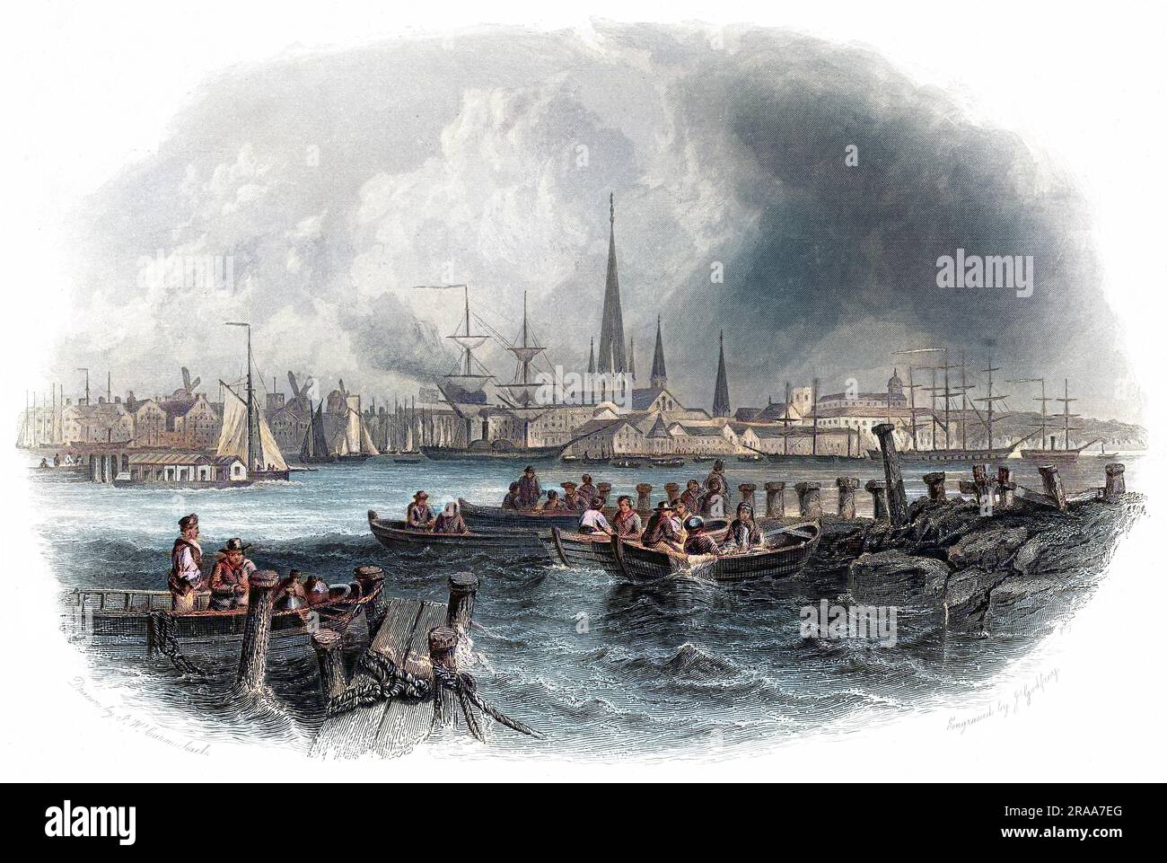 Kiel, Germany: Distant view of the Baltic seaport, which won't be linked to the North Sea until the construction of the Kiel canal in the 1880s/90s.     Date: circa 1840 Stock Photo