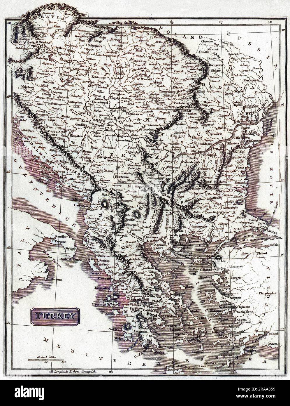 The map is labelled 'Turkey' because at this time the Balkans are under the dominion of the Ottoman Empire and constitute most of 'Turkey in Europe'.     Date: 1812 Stock Photo