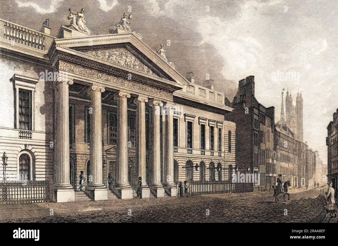Located in Leadenhall Street, this is the headquarters of the immensely powerful East India Company which virtually rules India : rebuilt on the site of the original house.     Date: 1810 Stock Photo