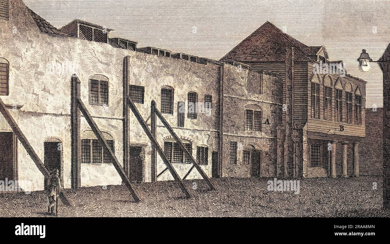 The remains of the old palace called the Marshalsea, Southwark, showing the chapel and the palace court : after rebuilding it became a debtors' prison.     Date: 1803 Stock Photo
