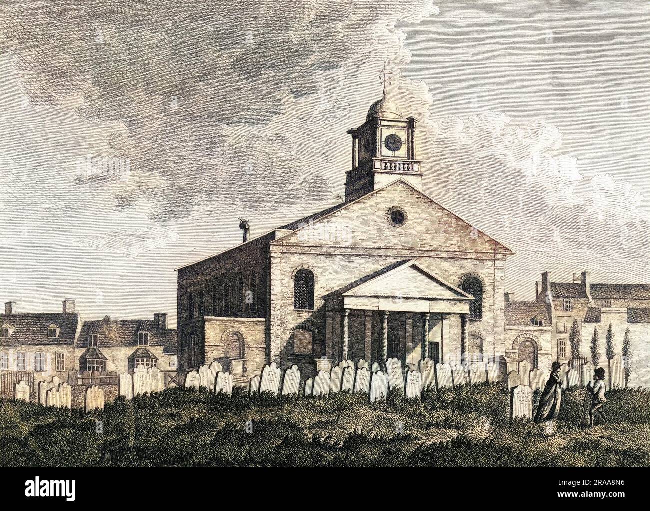The church and its churchyard at Newington Butts, Southwark - a good example of an inner- city cemetery. (At this date it was in Surrey.)     Date: 1807 Stock Photo