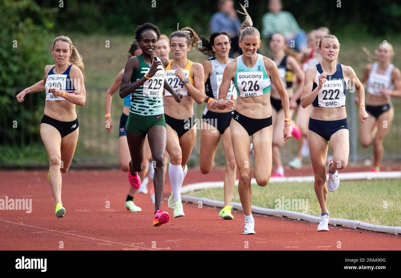 Laura Nagel, Mary Ekiru, Maudie Skyring and Niamh Bridson Hubbard competing in the BMC women’s 1500m A race at the British Milers Club Grand Prix, Woo Stock Photo