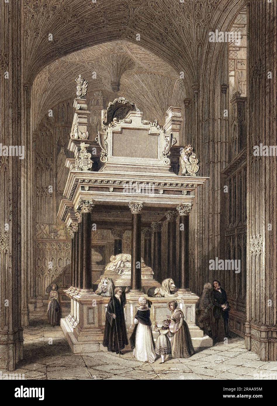 Sightseers at the tomb of queen Elizabeth I.     Date: 1841 Stock Photo