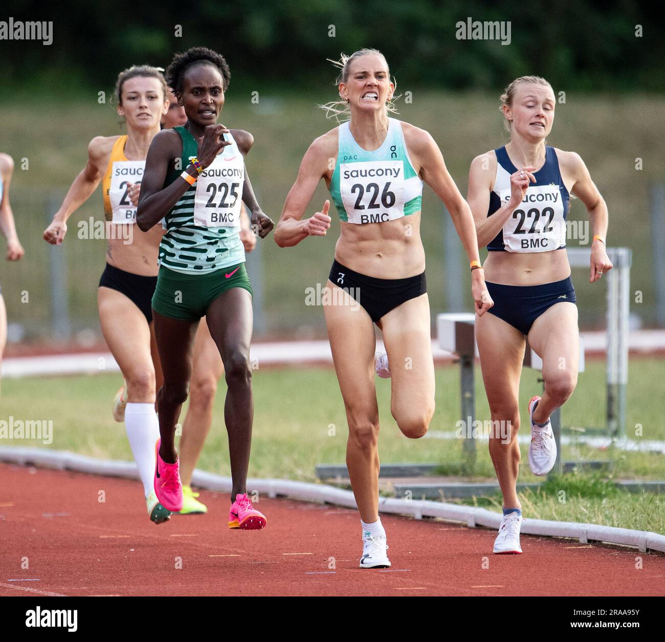 Mary Ekiru, Maudie Skyring and Niamh Bridson Hubbard competing in the BMC women’s 1500m A race at the British Milers Club Grand Prix, Woodside Stadium Stock Photo
