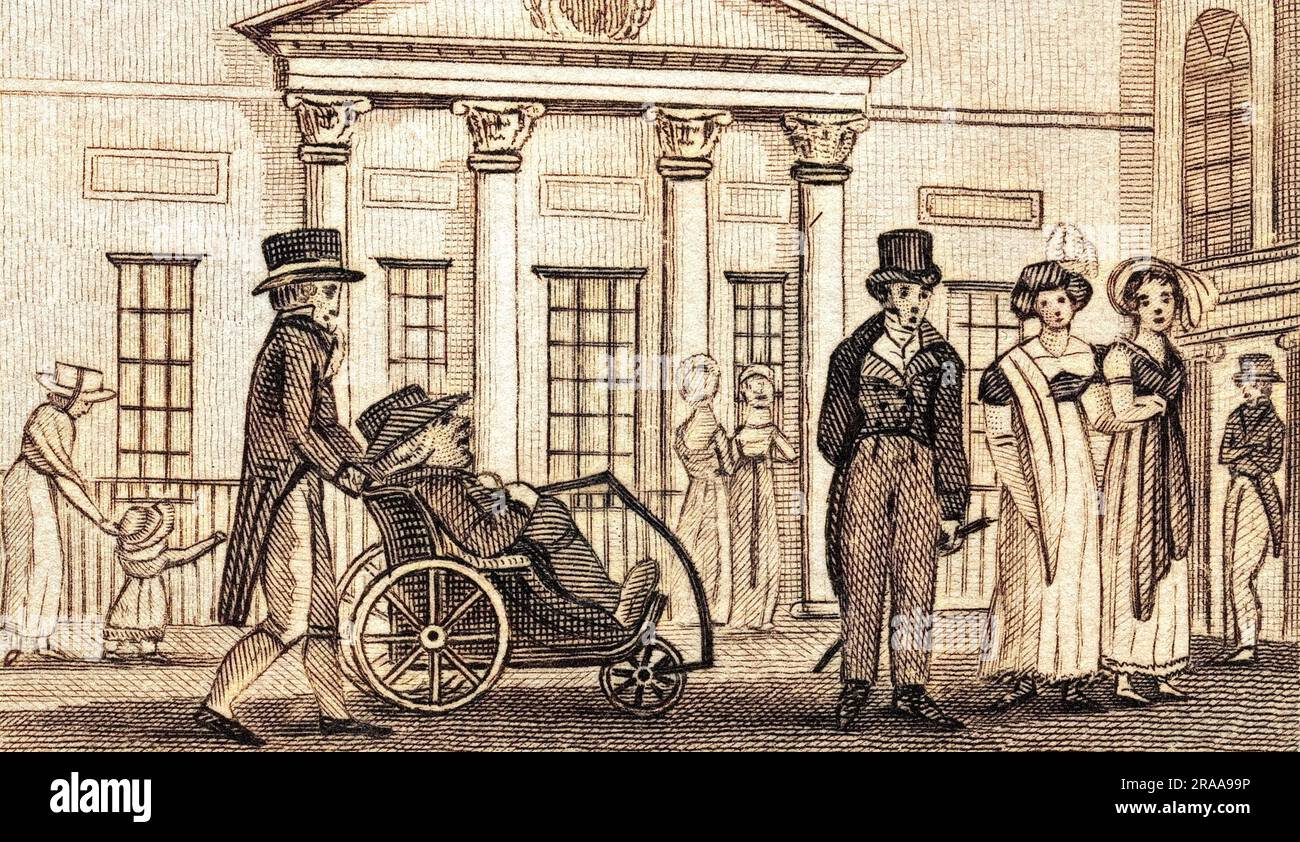 Invalid Room Scene outside the old Pump Room, Bath, Avon : an invalid is propelled ...
