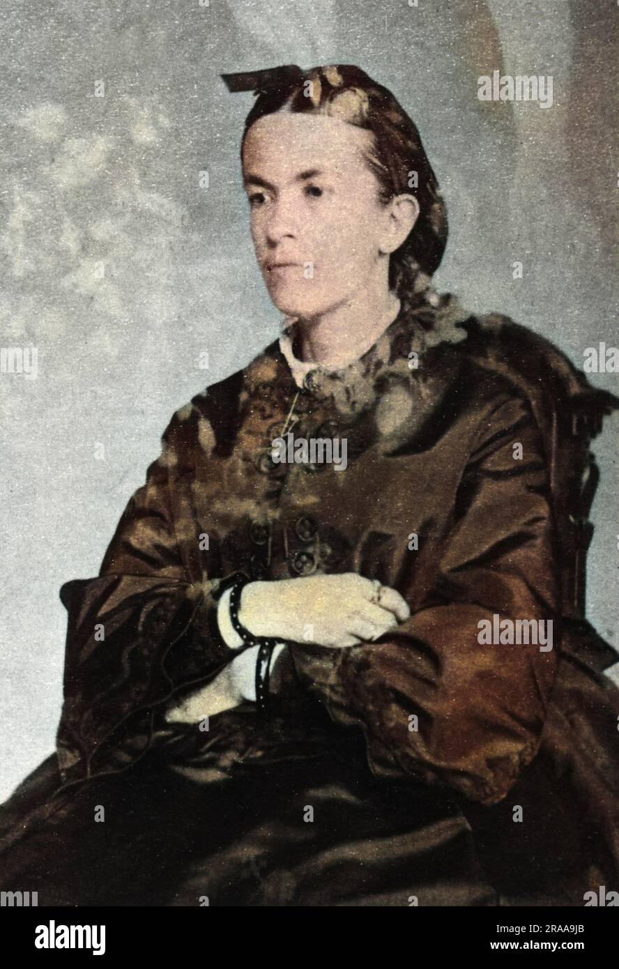 Mrs J H (Fannie or Fanny) Conant (1831-1875), American spirit medium and healer. Seen here with spirit hands and flowers in the background.     Date: 19th century Stock Photo