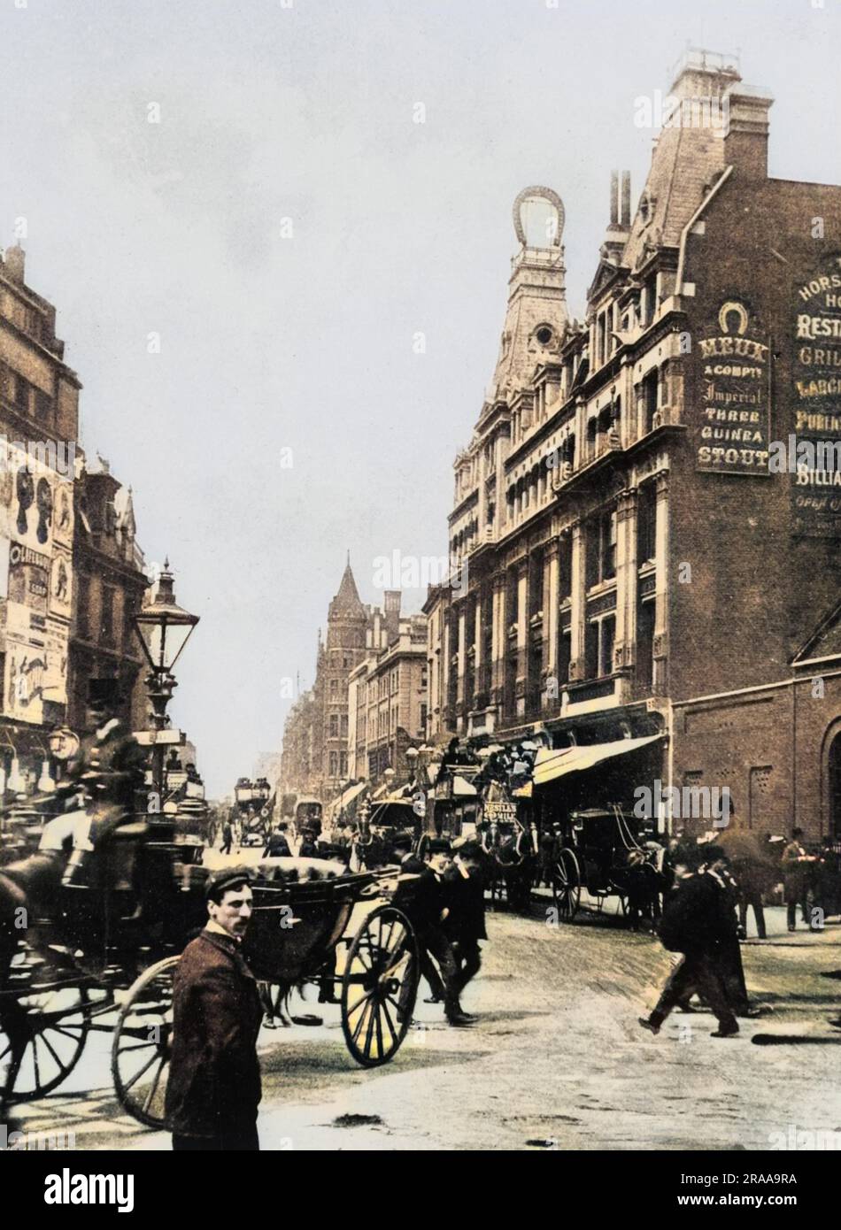A busy street scene on Tottenham Court Road c. 1895. The Horseshoe