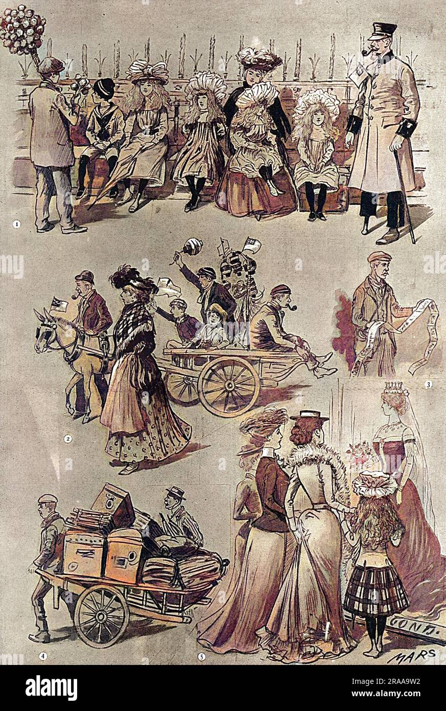 Random sketches taken in the streets by 'Mars' during the Coronation of King Edward VII. At the top, a boy sells blue flowers to several waiting spectators including a one-legged Chelsea Pensioner at the end. In the middle, a family from the East End of London travel in a trap or cart pulled by a donkey. To the right of them, a street vendor sells penny guides to the procession and in the bottom left, a man with numerous trunks and luggage searches for lodgings.     Date: 1902 Stock Photo