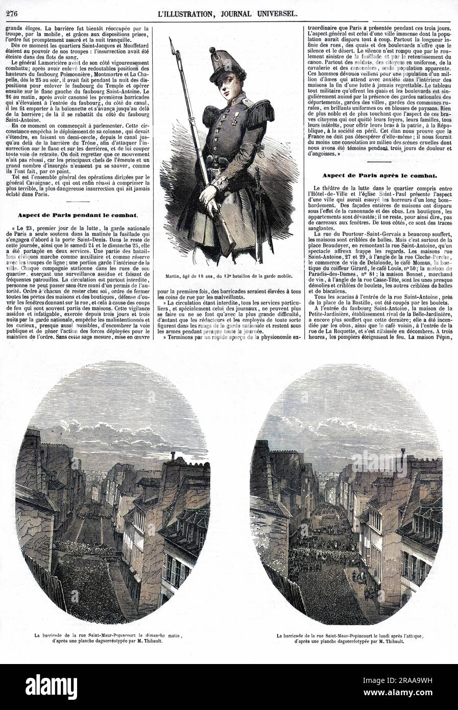 A page from the 1 - 8 July 1848 issue of the French journal L'illustration, which reported at length on the recent uprising in Paris, the 'June Days'. The page includes two engravings adapted from daguerrotypes of the barricades in Rue Saint-Maur, considered to be the first instance of photo-journalism     Date: 1 - 8 July 1848 Stock Photo