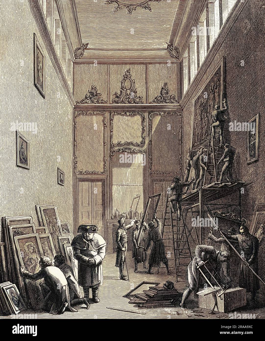 Removal of paintings and artworks from the Cassel gallery in Dresden by Napoleon's soldiers after the Battle of Dresden in 1813: a German caricature against Napoleon and Dominique Vivant Denon, who Napoleon made first director of the Louvre Museum in Paris, the implication being that Dresden's artworks are bolstering the holdings of the Louvre.     Date: C.1813 Stock Photo