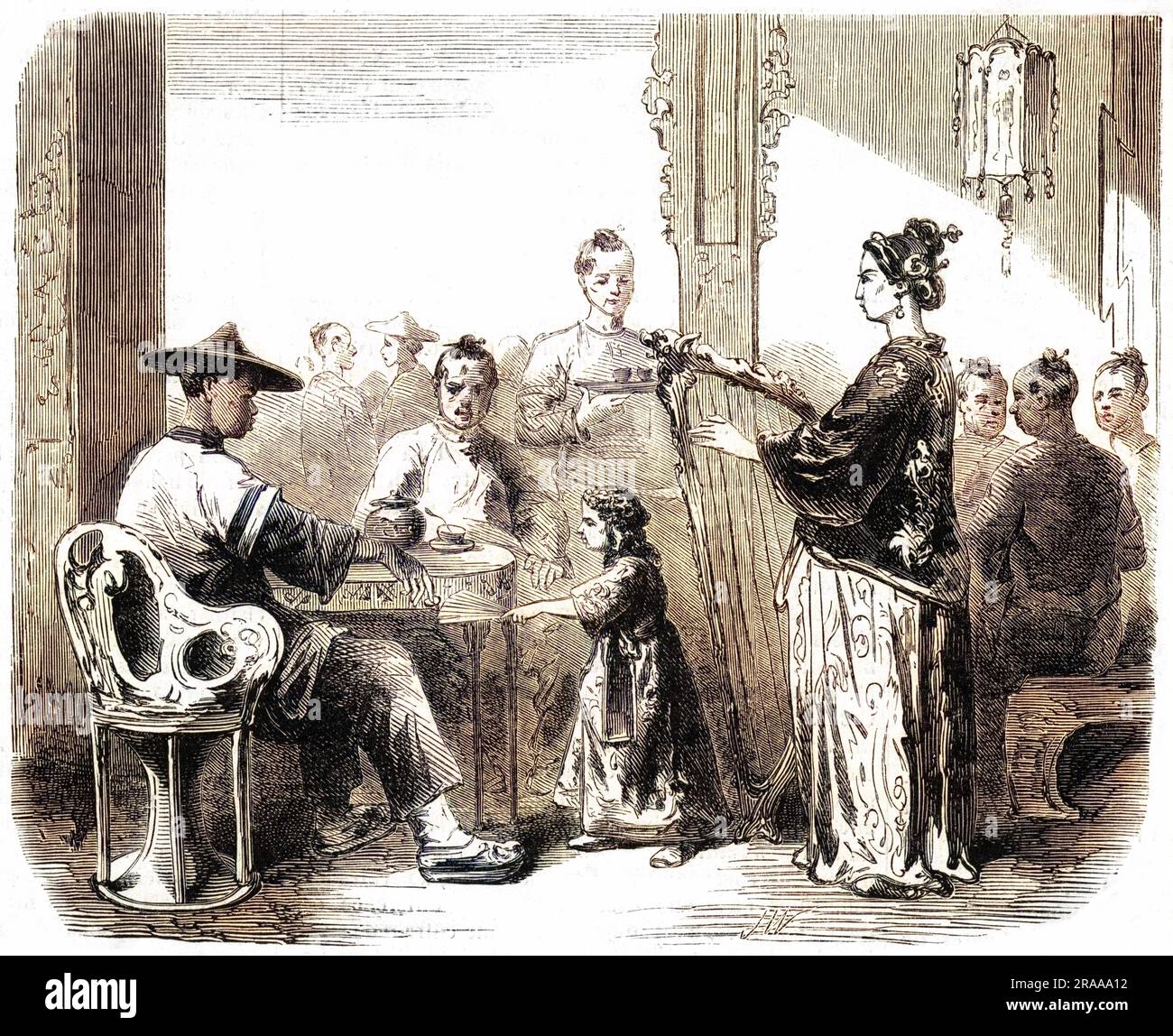 A Chinese musical performance, 1861. A lady plays the harp, whilst a child collects payment on a fan from a seated audience member.     Date: 1861 Stock Photo