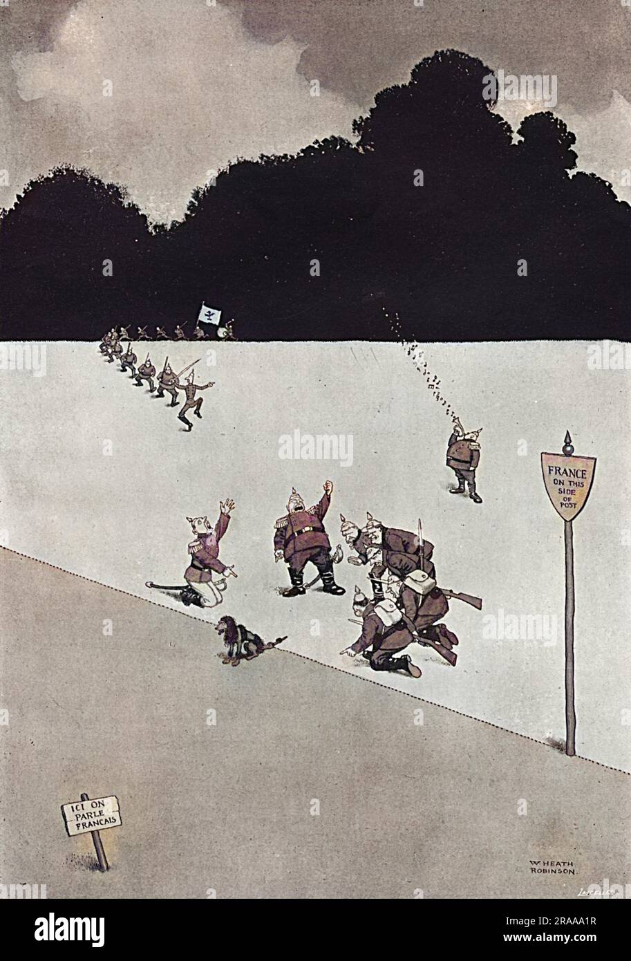 Heath Robinson gives his take on the cause of the First World War. A poodle's tail has strayed a few inches over the border, much to the dismay and rage of the German soldiers nearby.     Date: 1915 Stock Photo