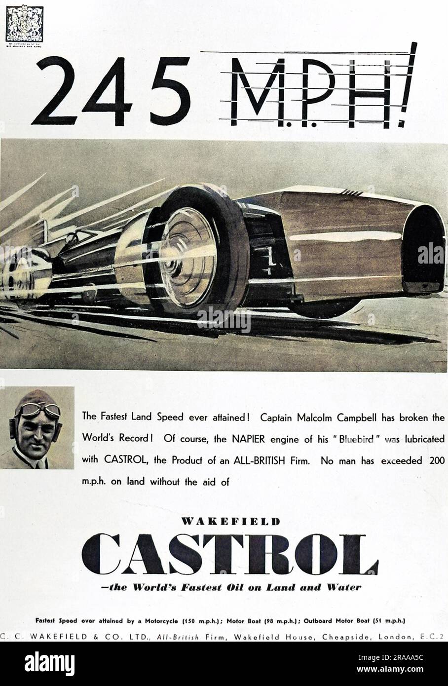 Advertisement for Castrol oil, boasting 250mph as achieved by Captain