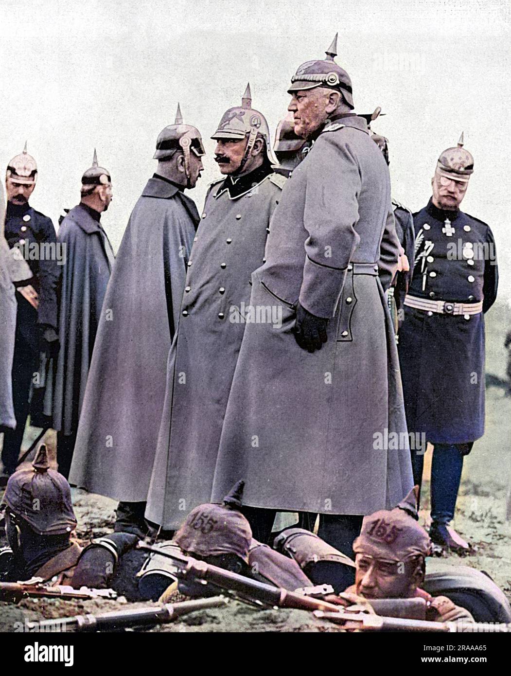 The Chief of General Staff, General Helmuth von Moltke and Kaiser Wilhelm II of Germany observing the German troops in training.     Date: 1914 Stock Photo