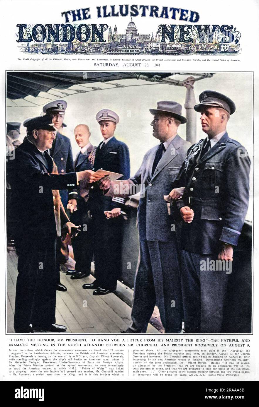 Prime Minister Winston Churchill (1874 - 1965), shakes hands with President Franklin D. Roosevelt (1882 - 1945) of the USA on board HMS Prince of Wales.     Date: 1941 Stock Photo