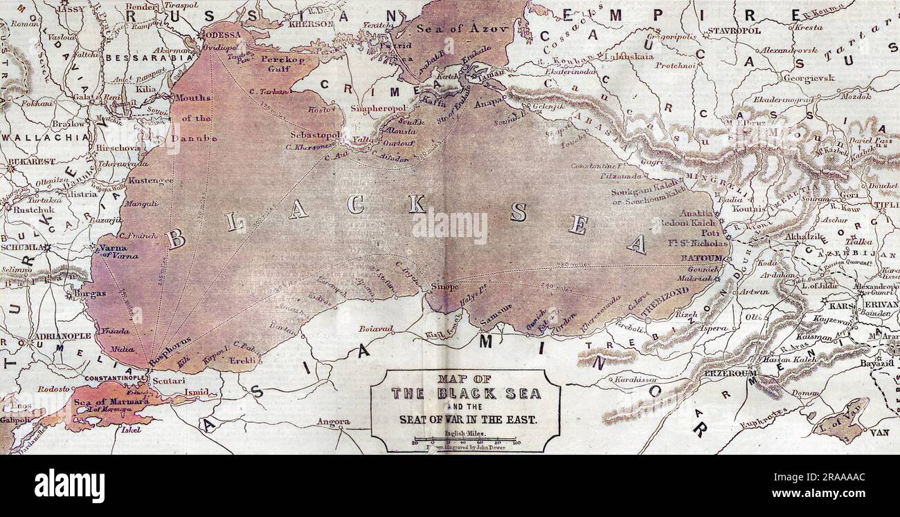 Map of the area around the Black Sea with the borders between Turkey and Russia, showing the disputed Crimea region.     Date: 1854 Stock Photo