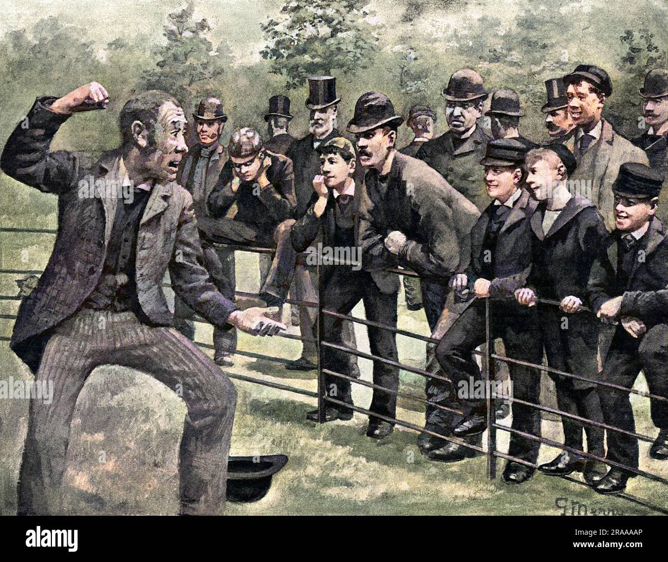 Socialist speaker (on left) holding forth in Hyde Park on a Sunday afternoon, London. The original caption for this image read: 'Socialism in London: A Sketch in Hyde Park on Sunday Afternoon. 'It's no good arguing with you; you're too pachydermatous to see anything''.     Date: 1892 Stock Photo