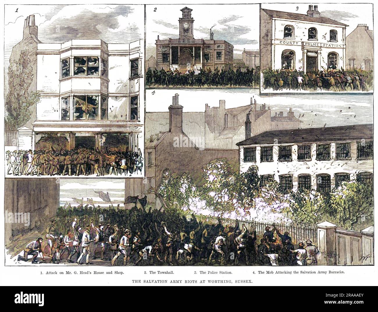 These images show the 'Skeleton Army', opponents of the Salvation Army organised by 'those interested in Sunday drinking', rioting against one of the Salvation Army's religious Sunday processions. The members of the Salvation Army escaped into Montague Hall and hid there for the rest of the day.  1. Attack on Mr. G. Head's house and shop. 2. The Townhall 3. The Police Station 4. The mob attacking the Salvation Army Barracks.     Date: 1884 Stock Photo