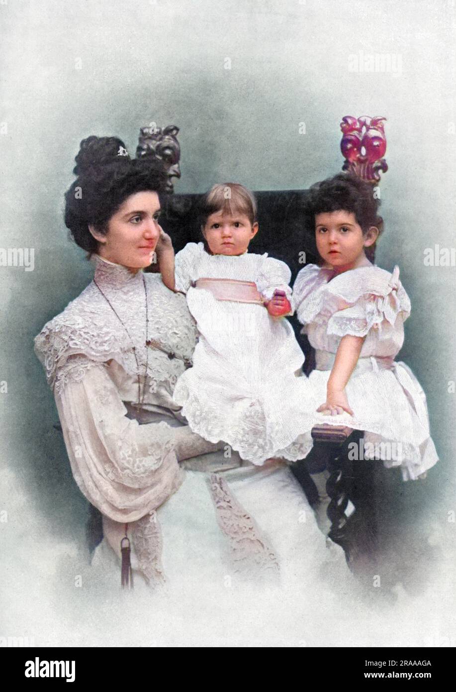ELENA, Queen of Italy (1874 - 1952). Wife of Vittorio Emmanuele III, daughter of Nicolas I, King of Montenegro.  Pictured with her daughters, Princess Yolande and Princess Mafalda.     Date: 1904 Stock Photo