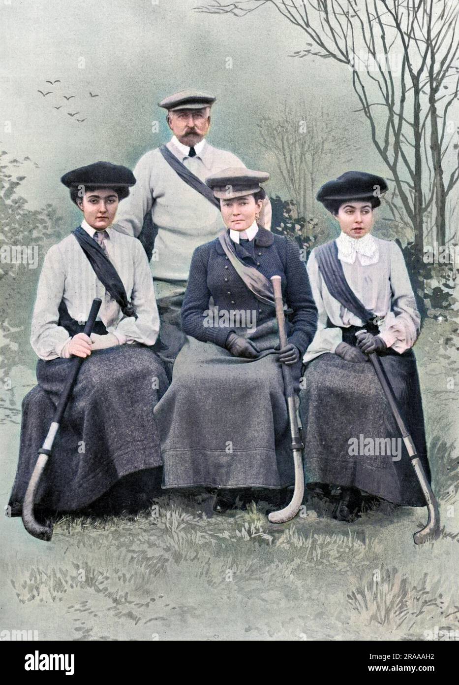 The Duke and Duchess of Connaught with their daughters, Princess Margaret (Daisy, later Crown Princess of Sweden) and Princess Patricia (later Lady Patricia Ramsey), forming a hockey team against Mrs De Burgh's team at the Royal Hospital at Dublin last month.  The royal team won by four goals to three.     Date: 1904 Stock Photo