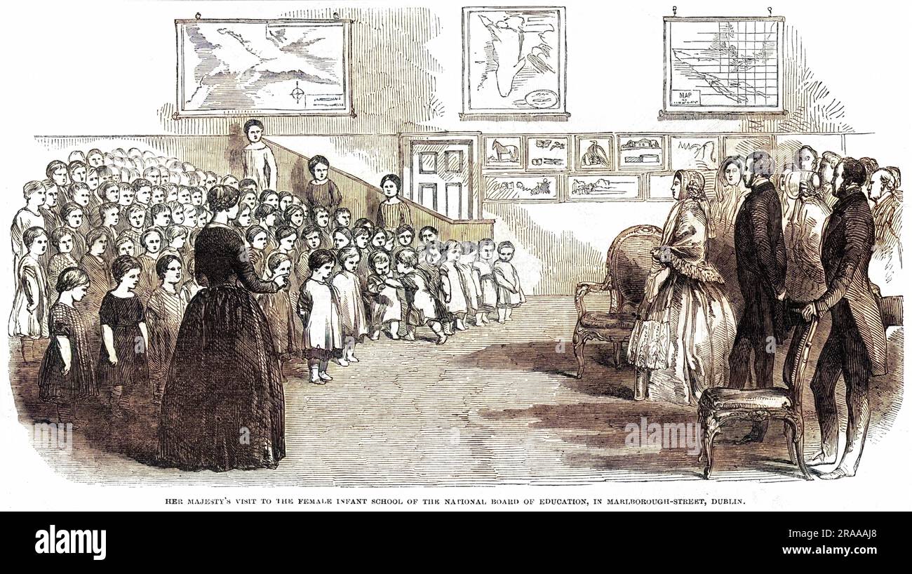 The Royal visit to Ireland: Queen Victoria's visit to the female infant school of the National Board of Education, in Marlborough Street, Dublin.     Date: 1849 Stock Photo