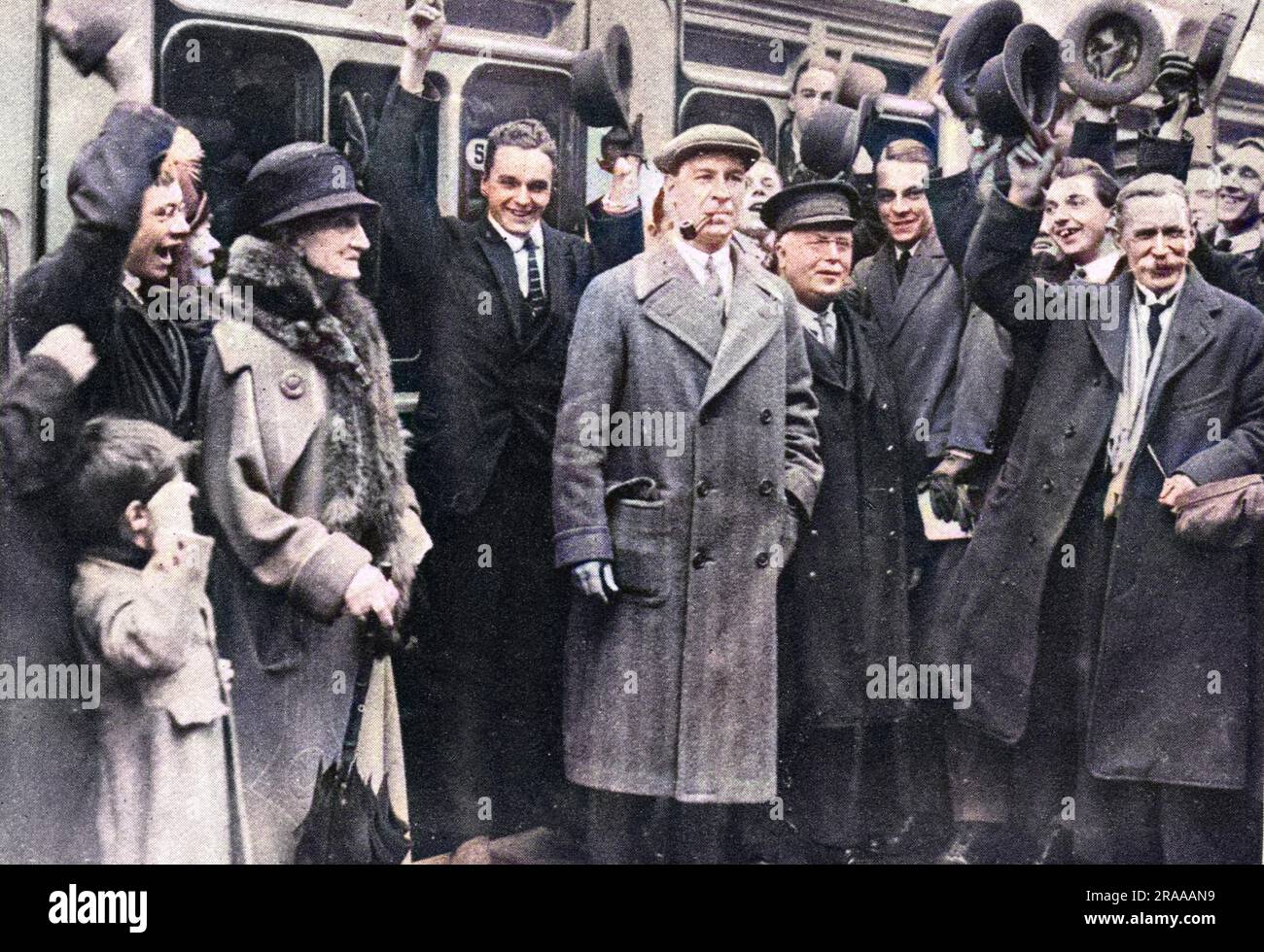 Mr. F.A Mitchell Hedges (1882 - 1959), archaeologist and explorer, receives a hearty send off at Paddington railway station, London, as he leaves once again for British Honduras(today Belize) to make further explorations amongs the ancient Maya ruins of Lubaantun.     Date: 1926 Stock Photo