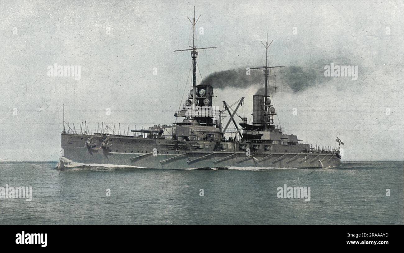 Launched in 1912, the SMS Prinzregent Luitpold was a German Imperial Navy battleship of the Kaiser class. It took part in the Battle of Jutland, 1916, and was one of the German ships scuttled in Scapa Flow in June 1919     Date: 1914 Stock Photo