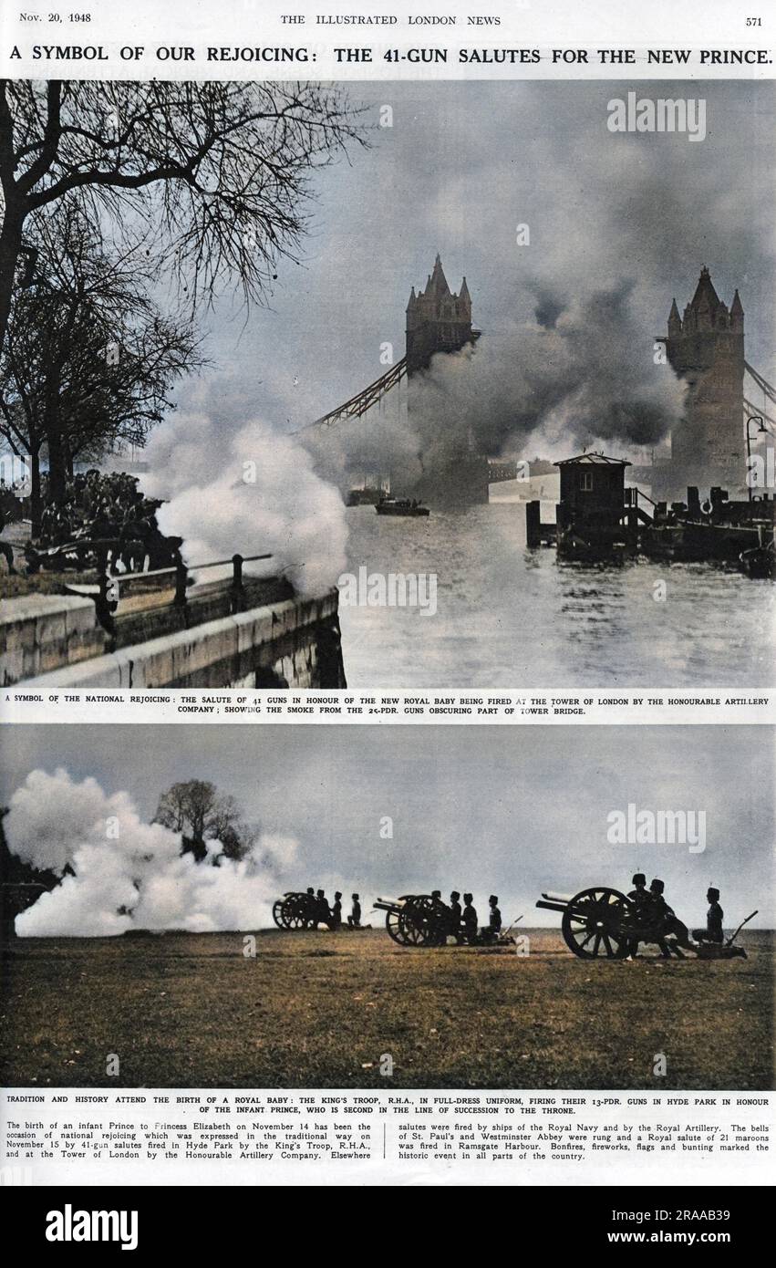 A symbol of rejoicing: the 41-gun salutes fired at the Tower of London for the new prince, born to Princess Elizabeth on the 14th November 1948.     Date: 1948 Stock Photo