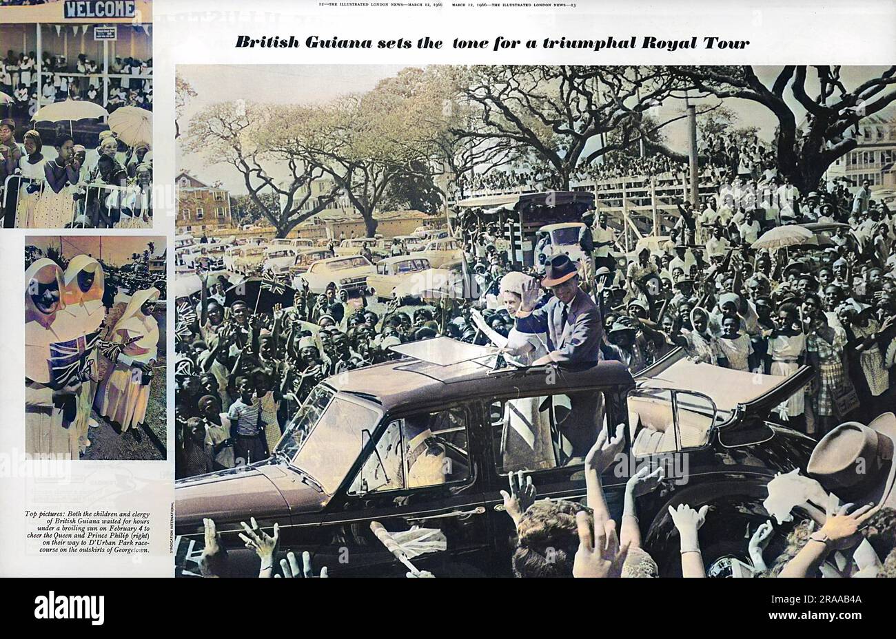The Queen and Prince Philip wave to the crowds from their open-top car as they travel through British Guiana on their Royal Tour.     Date: 12th March 1966 Stock Photo
