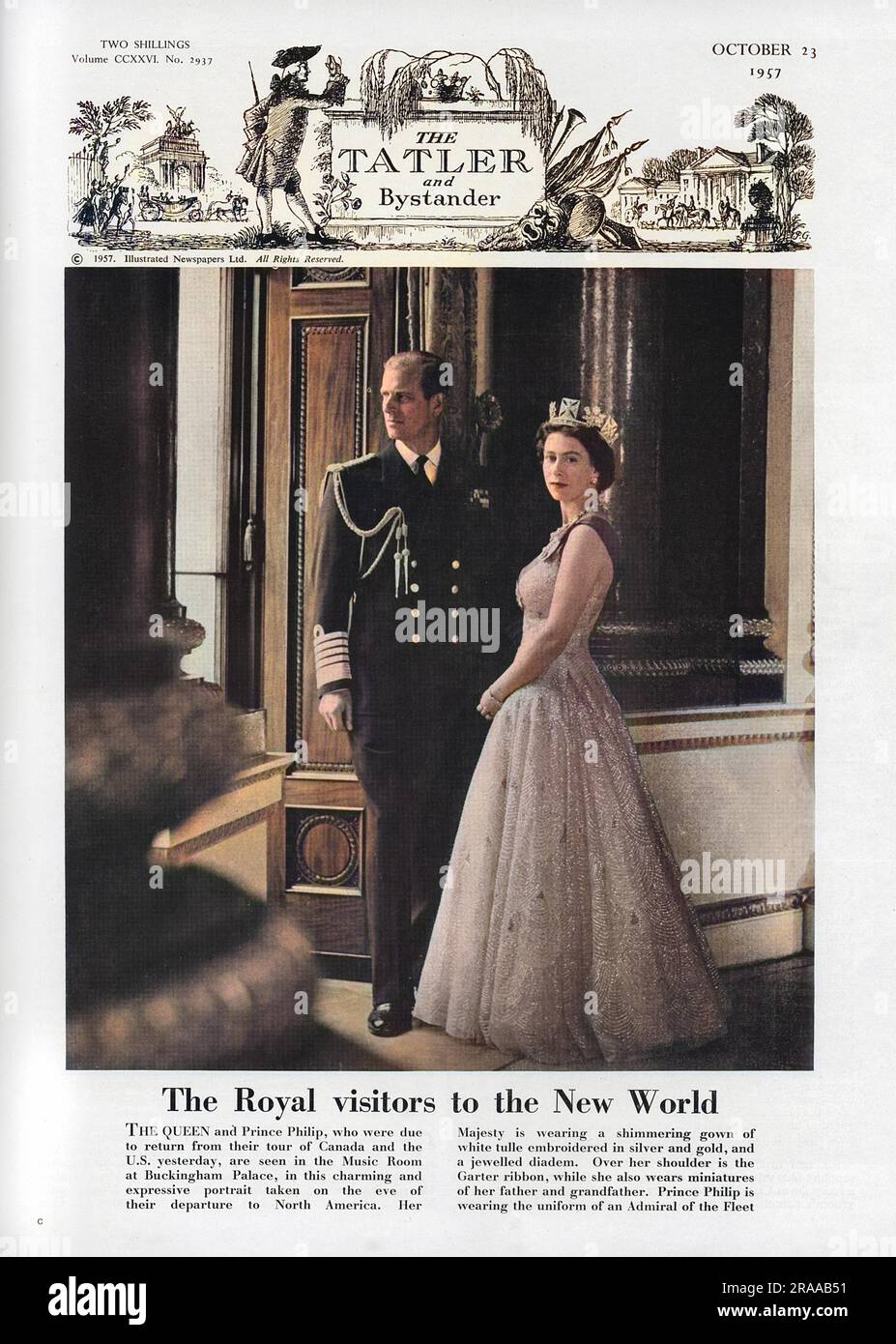 The Queen and Prince Philip in the Music Room at Buckingham Palace, taken on the eve of their departure to North America. The Queen wears a shimmering gown of white tulle embroidered in silver and gold, and a jewelled diadem. Over her shoulder is the Garter ribbon, while she also wears miniatures of her father and grandfather. Prince Philip is wearing the uniform of an Admiral of the Fleet.     Date: 1957 Stock Photo