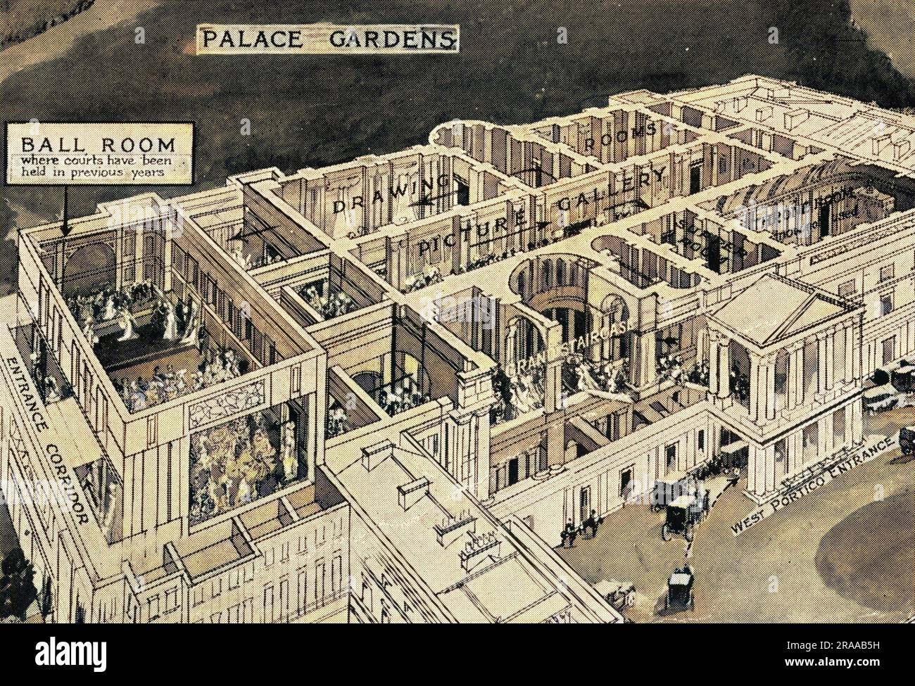 A cutaway diagram of Buckingham Palace showing where the first court