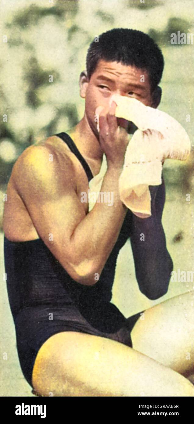Japanese swimming champion and Olympic gold medallist, 15 year old Yasuji Miyazaki, pictured at the 1932 Los Angeles Olympic Games were he won a gold medal in the 100 metres freestyle.  He won another in the men's 200m freestyle relay.     Date: 1932 Stock Photo