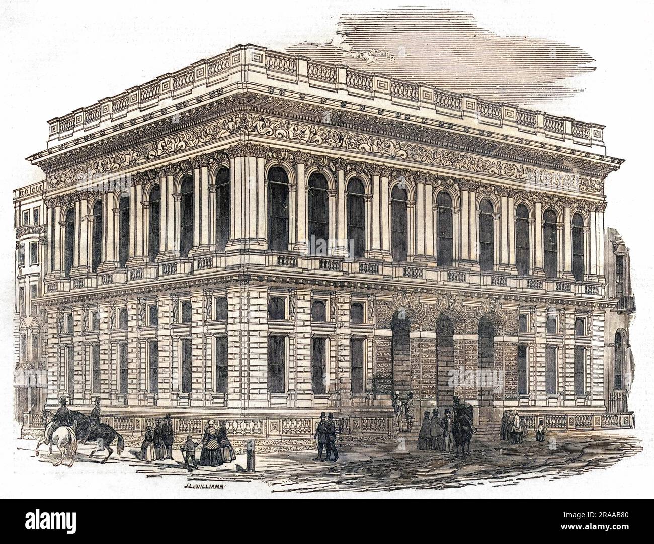 Exterior of  the Army and Navy Club, Pall Mall, on the front-cover of the Illustrated London News to celebrate it's opening in February 1851. The club was founded in 1837 when many army officers returned from India and, finding the waiting-list for the Junior United Service Club so long, decided to form an Army Club. The Duke of Wellington refused to be patron unless the navy was also included, hence it became The Army and Navy Club.     Date: 1851 Stock Photo