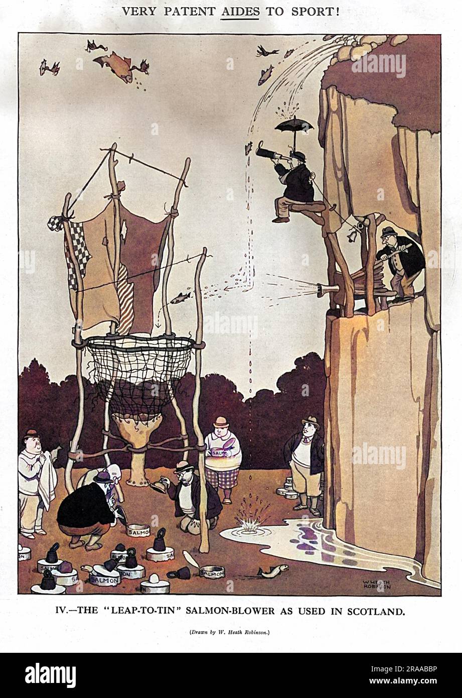 Another convoluted contraption from the gadget king William Heath Robinson, showing how salmon are tinned in Scotland, part of a series  entitled æVery Patent Aides to Sport.Æ     Date: 1928 Stock Photo