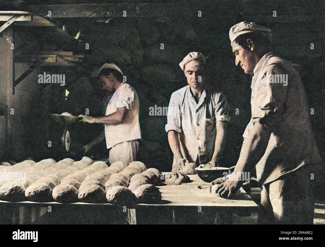 German prisoners in Britain post-World War Two. Rolling dough for the camp's bread, a highly skilled job performed by prisoners who were all bakers before the war, with excellent results. The ILN writes that the prisoners have only one real complaint - uncertainty, and that at the time of writing the British Government had not yet announced its future plans even though hostilities ceased over a year before.     Date: 1946 Stock Photo