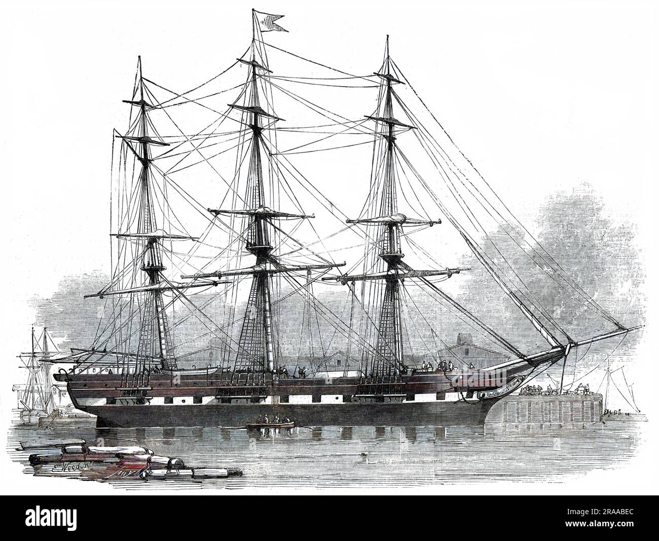 The Cornelius Grinnell, an American line ship built in 1850, owned by Grinnell, Minturn and Co of Boston, shown while in the London Docks awaiting a return journey to New York. The ship was subsequently wrecked off the coast of New Jersey in January 1853.     Date: 1850 Stock Photo