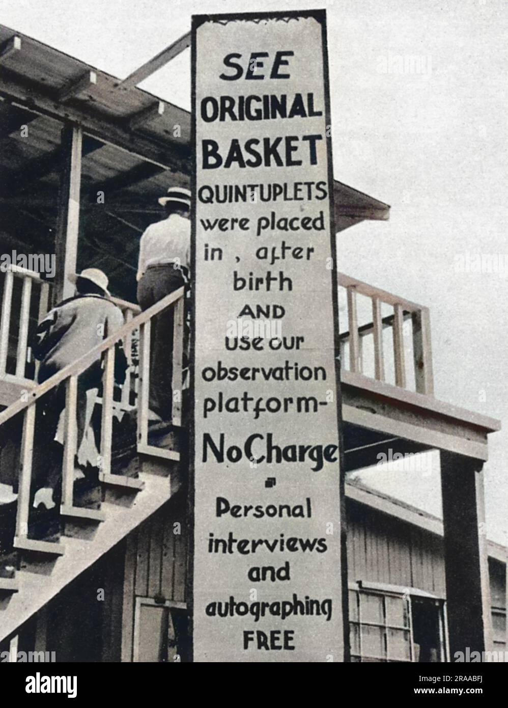 The theme park 'Quintland'  that was constructed around the Dionne quintuplets, five identical baby girls born on 28th May, 1934, at Callander, Ontario. The original basket the quintuplets were placed in after birth is shown, and an observation platform is provided for tourists viewings.     Date: 1936 Stock Photo