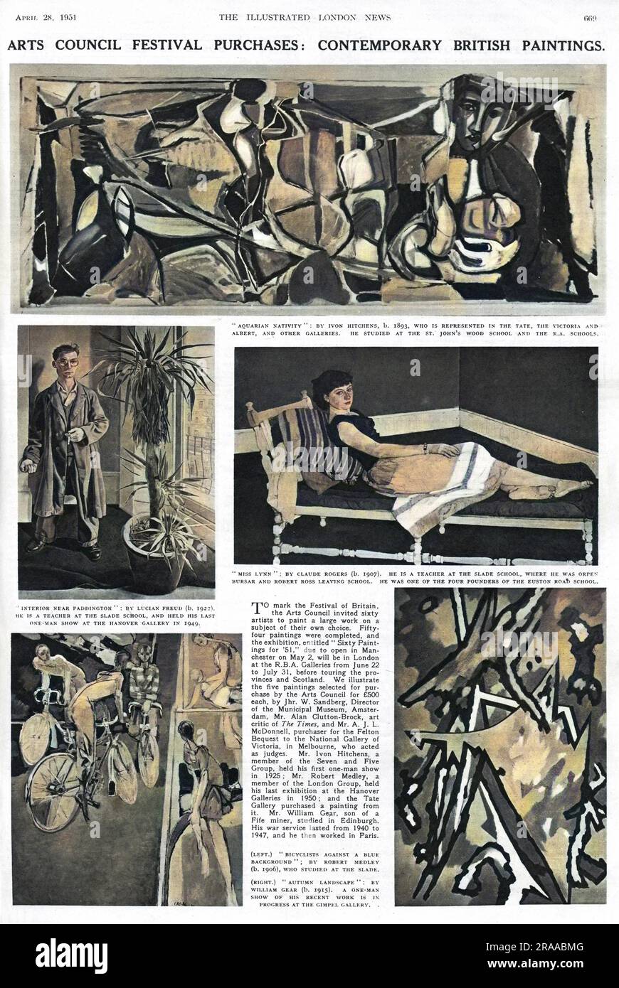A page from the Illustrated London News, dated 28th April 1951, detailing contemporary British art purchased by the Arts Council for the Festival of Britain. Aquarian Nativity by Ivon Hitchens, Interior near Paddington by Lucian Freud, Miss Lynn by Claude Rogers, Bicyclists against a blue background by Robert Medley, and Autumn Landscape by William Gear are pictured.     Date: 28th April 1951 Stock Photo