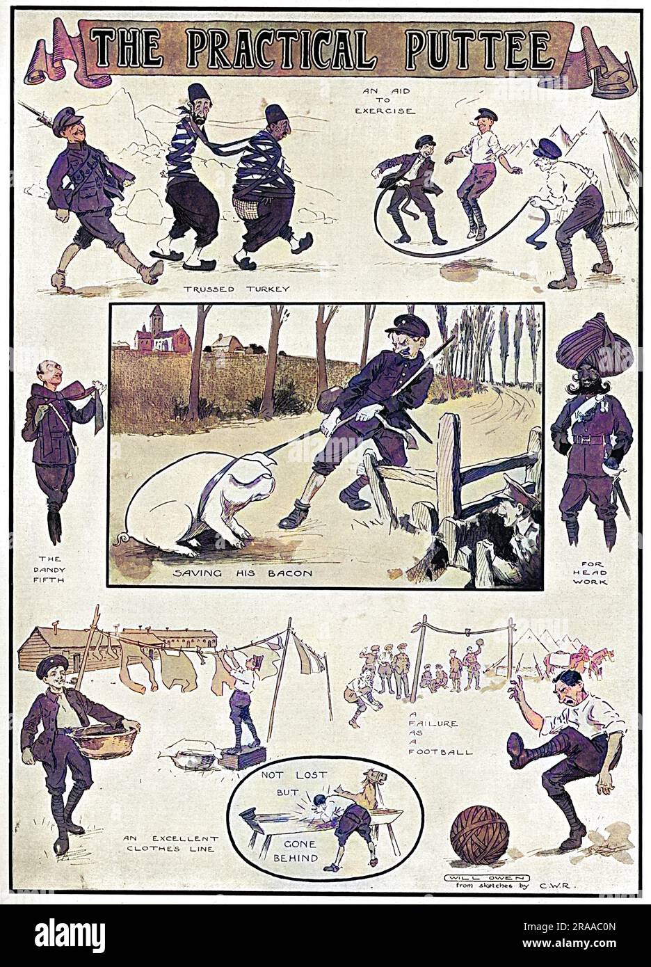 Humorous illustration depicting various uses for the puttee, the binding used by soldiers, and particularly officers, to keep warmth in and dirt out of boots during World War I.     Date: 1915 Stock Photo