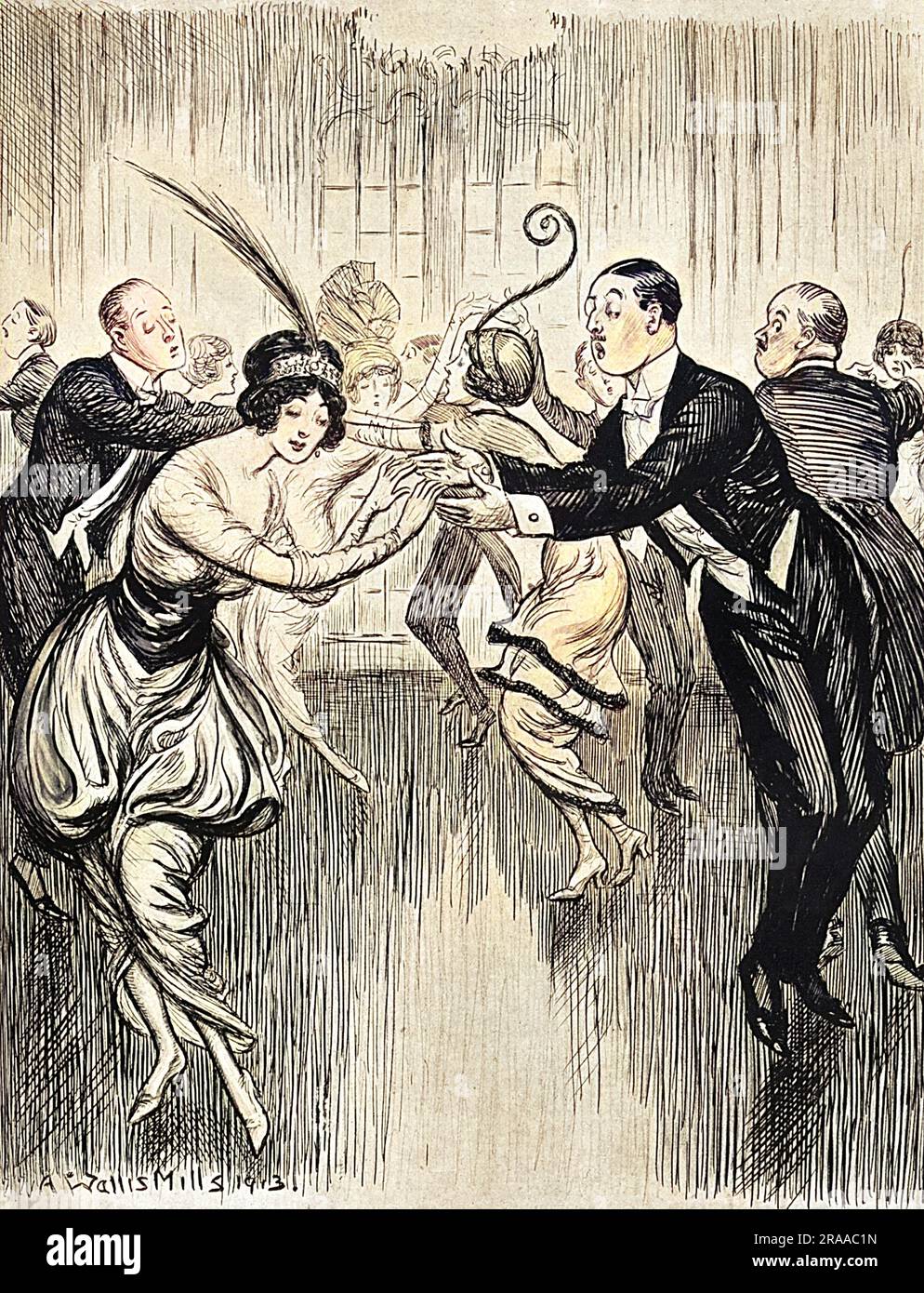 The tango untangled, and made suitable for use in British ballrooms. The Bystander imagines a sanitised version of the tango, suitable for dancing in respectable British ballrooms, with minimum physical contact.     Date: 1913 Stock Photo