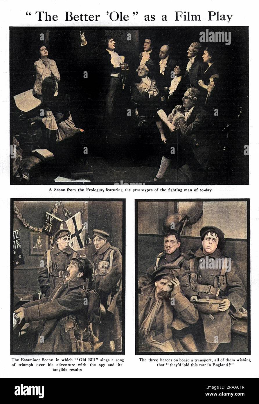 Scenes from the film version of The Better Ole, a 1918 Welsh Pearson film based the cartoons of trench life by Bruce Bairnsfather published in The Bystander magazine.  Charles Rock played the main role of Old Bill, Arthur Cleave was Bert and Hugh E. Wright played Alf.     Date: 1918 Stock Photo