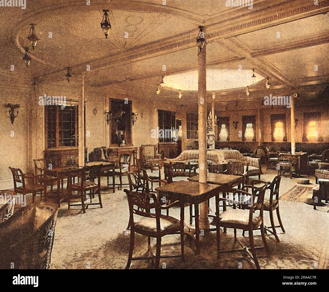 The luxurious drawing room of the German steamship 'Amerika' of the Hamburg-America Line, as decorated in the Adams' style by Waring and Gillow Limited. Pictured here in the year she was launched, in 1917 the Amerika would become USS America, following being commandeered by the Americans when they entered World War One.     Date: 1905 Stock Photo
