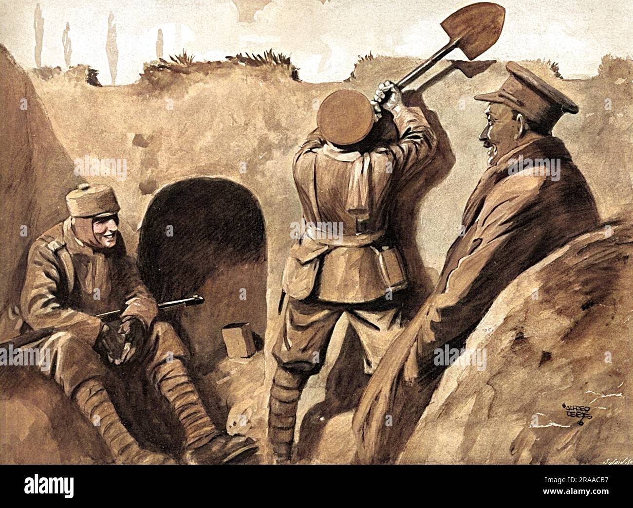 On the rifle ranges of Bisley and elsewhere, a shot which misses the target is signalled by the waving of a flag to and fro above the trench, in which the market sits.  With 'characteristic humour', British soldiers at the Front adopt the same means (with a shovel substituted for a flag) to notify the enemy of his errors in marksmanship.  Illustration by Alfred Leete, better known as the artist behind the famous, Kitchener, 'Your Country Needs You' London Opinion cover and subsequent poster.     Date: 1915 Stock Photo