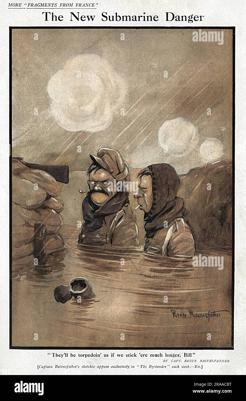 The New Submarine Danger'  'They'll be torpedoin' us if we stick 'ere much longer, Bill'    A cartoon by Captain Bruce Bairnsfather in The Bystander, featuring his popular characters Old Bill, and Bert     Date: 1916 Stock Photo
