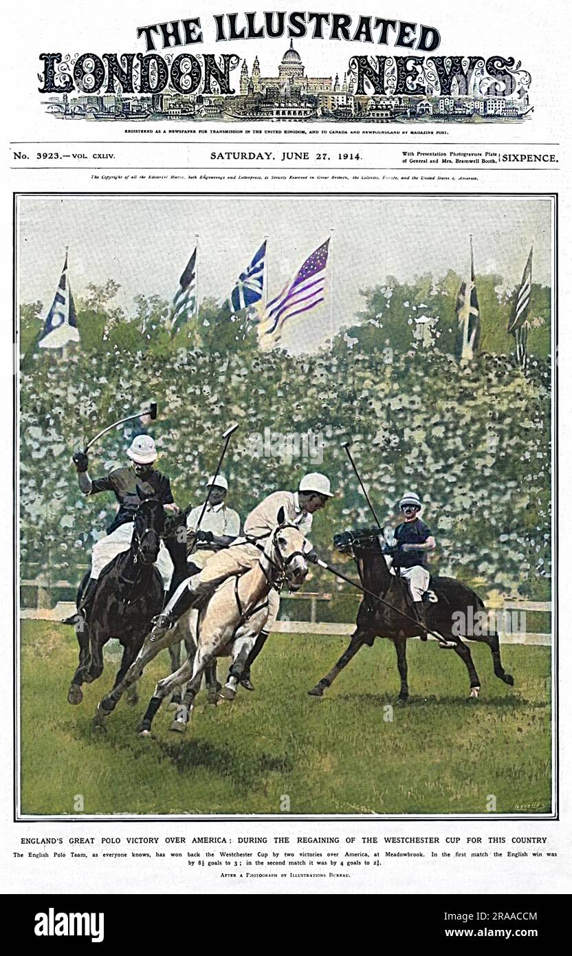 Front cover of The Illustrated London News depicting the famous victory of the British polo team over the Americans at Meadowbrook in the International Polo Trophy - also known as the Westchester Cup - in June 1914.  The victorious team comprised Captain H. H. Tomkinson, Captain Leslie Cheape, Captain F. W. Barrett and Captain Vivian Lockett.  Captain Leslie St. Clair Cheape (1882-1916) was dubbed, 'England's greatest polo player'. He played for England in the Westchester Cup three times in 1911, 1913 and 1914. He was killed on 23 April 1916 while commanding a squadron of the Worcestershire Ye Stock Photo