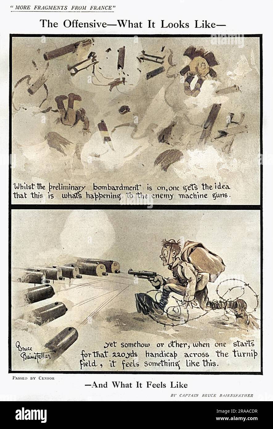 'The Offensive - What It Looks Like-  -And What It Feels Like'    A cartoon by Captain Bruce Bairnsfather in The Bystander     Date: 1916 Stock Photo