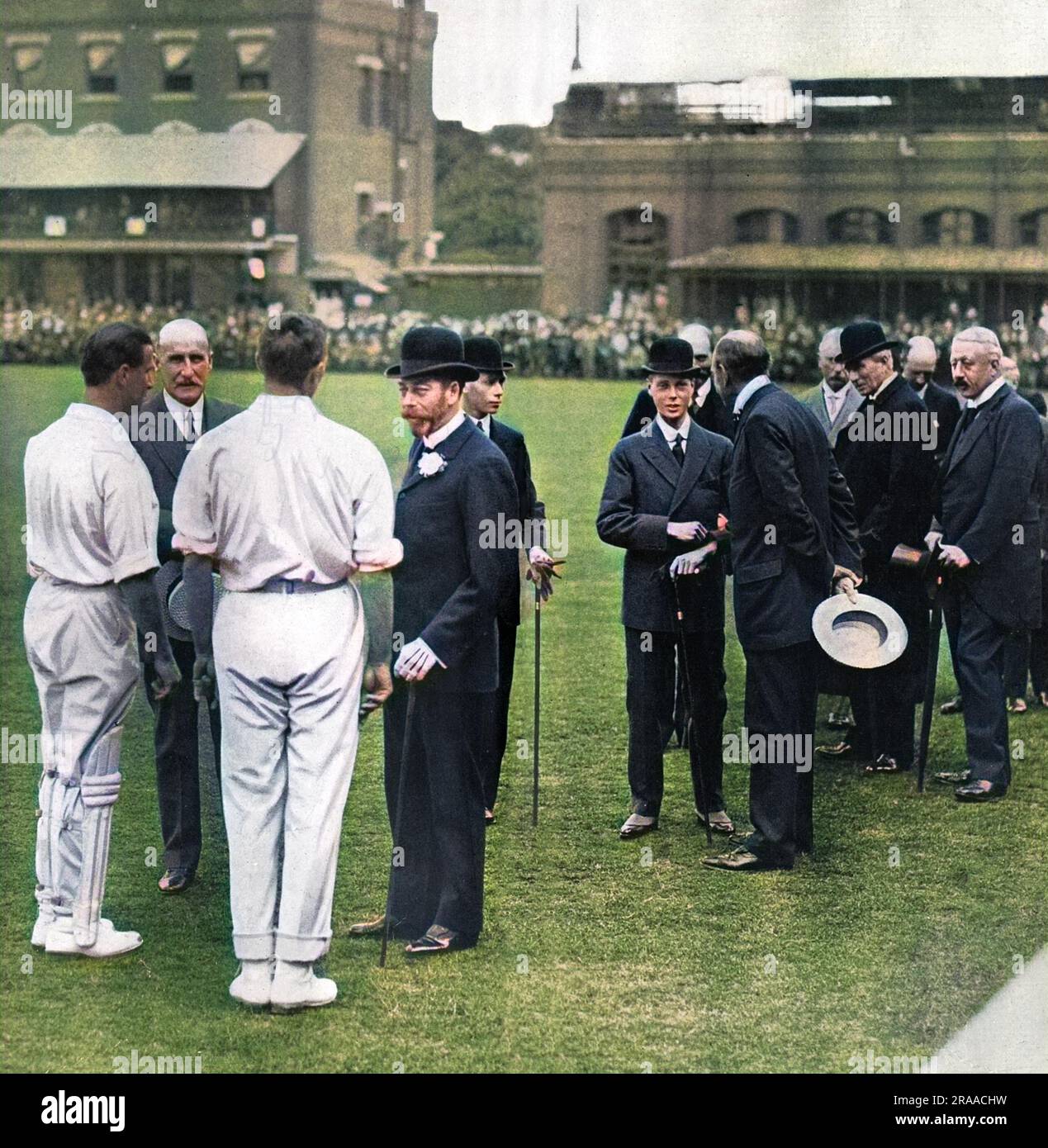 King George V and Edward, Prince of Wales (later King Edward VIII and then Duke of Windsor), pictured at Lord's cricket ground where its centenary was being celebrated in June 1914.  The occasion was marked by a match between M.C.C. South African heroes and the Rest of England.  The King is pictured chatting to Mr C. B. Fry, Mr Johnny Douglas and Lord Hawke.  Prince Albert (later King George VI) is seen just behind the King, and the Prince of Wales is talking to Mr F. E. Lacey.  On the right are Sir C. Cust and the Duke of Devonshire.     Date: 1914 Stock Photo